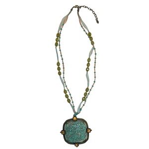 Monet Faux Turquoise Ribbon Beaded Necklace Brass Tone